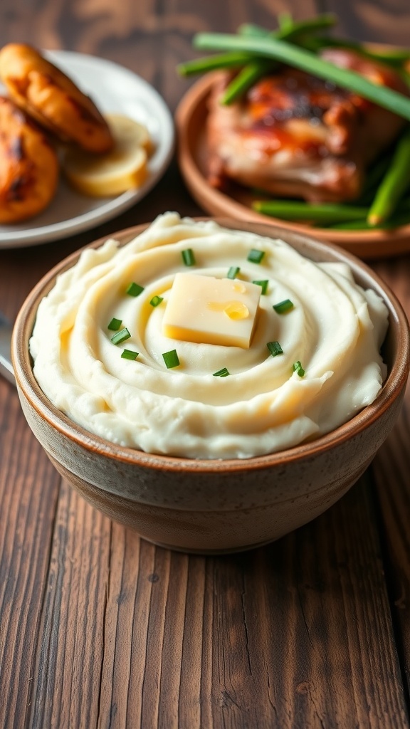 Creamy mashed white potatoes with butter and chives in a bowl on a wooden table.